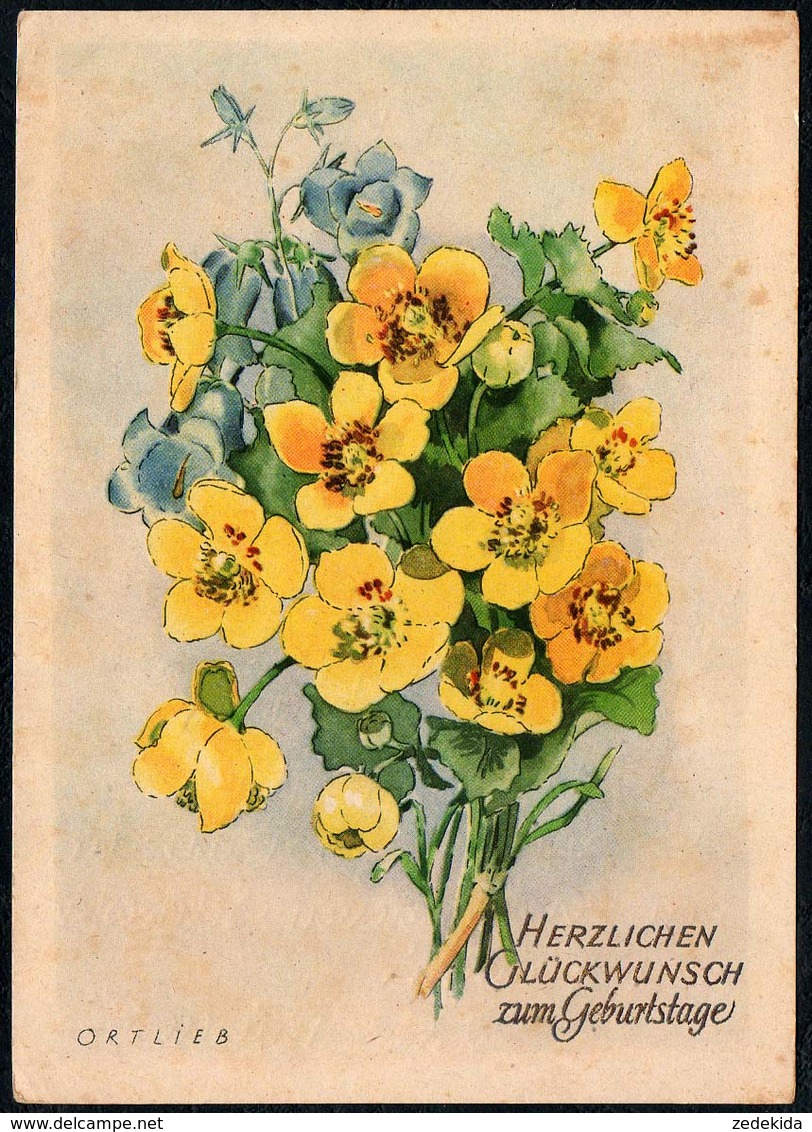6856 - Ortlieb Glückwunschkarte Geburtstag - Blumen - Künstlerkarte DDR - Blumen