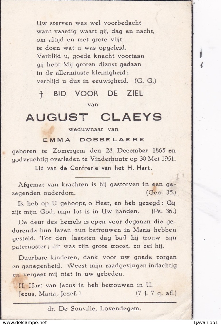 Zomergem, Vinderhoute, 1951, August Claeys, Dobbelaere - Images Religieuses