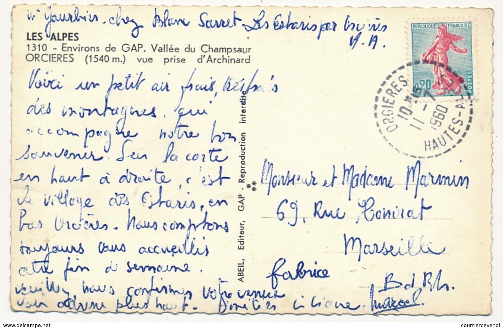 FRANCE - Cachet Tireté "ORCIERES HAUTES ALPES" 1960 S/0,20 Semeuse - CPSM Vallée Du Champsaur - Handstempel