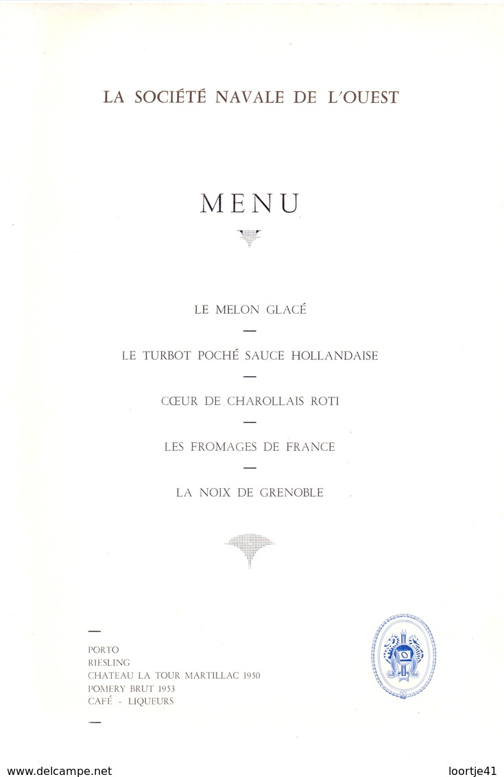 Menu - Déjeuner Départ Commandant Caté - Dunkerque 1960 - Société Navale De L'Ouest - Menus