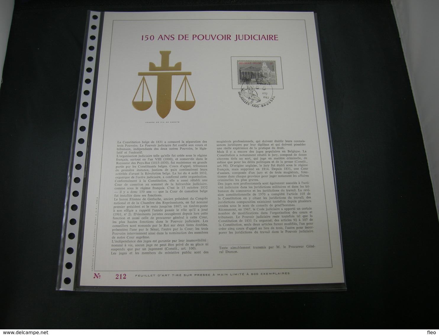 BELG.1982 2035 FDC Filatelic Gold Card FR. : " 150 ANS DE POUVOIR JUDICIARE  " - 1981-1990