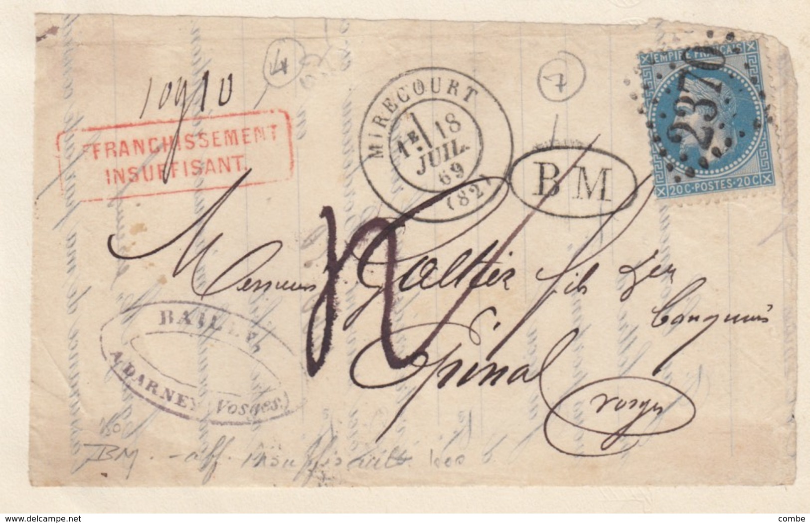 LETTRE DEVANT. 1869. BOITE MOBILE DARNEY VOSGES. MIRECOURT POUR EPINAL. AFFRANCHISSEMENT INS. 10,10gr. TAXE PLUME 4 - 1849-1876: Période Classique