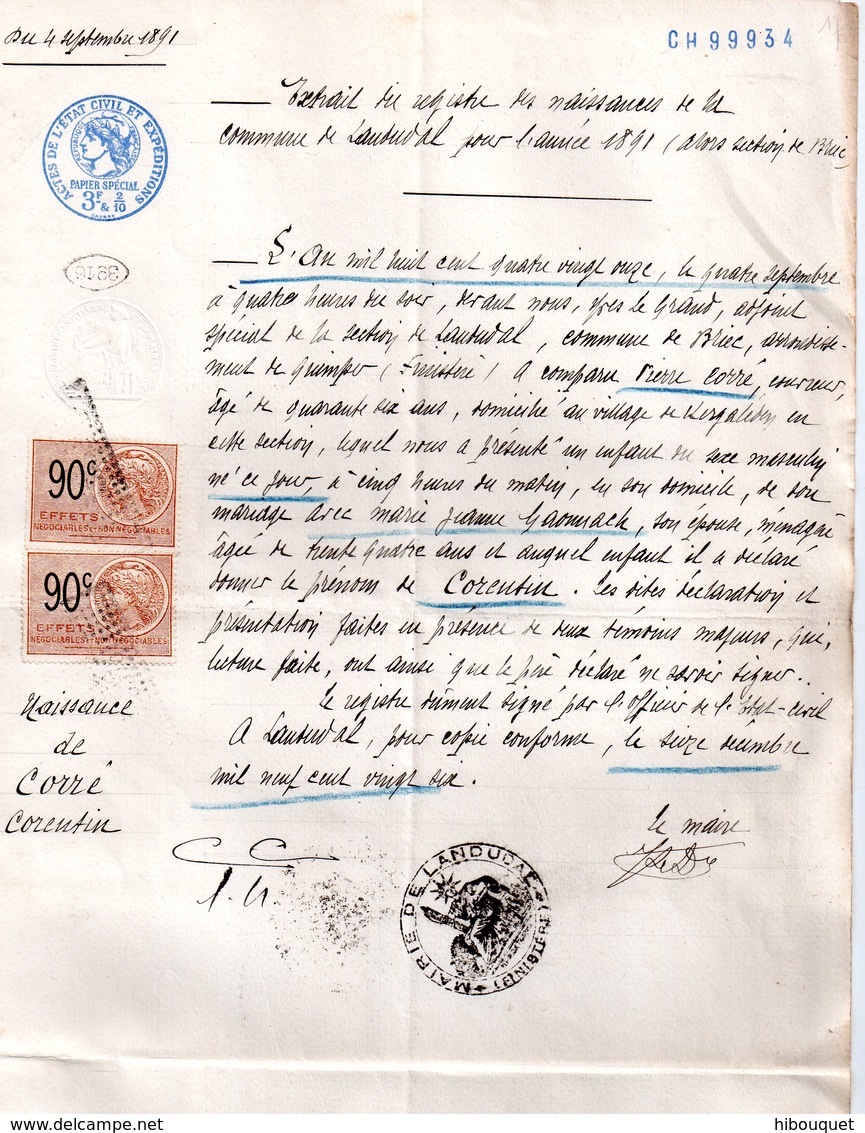 Extrait  Certificat Naissance, 4 Septembre 1891, Commune Landudal, Finistere, 2 Timbres De 90 C Effet Négociables Et Non - Non Classés