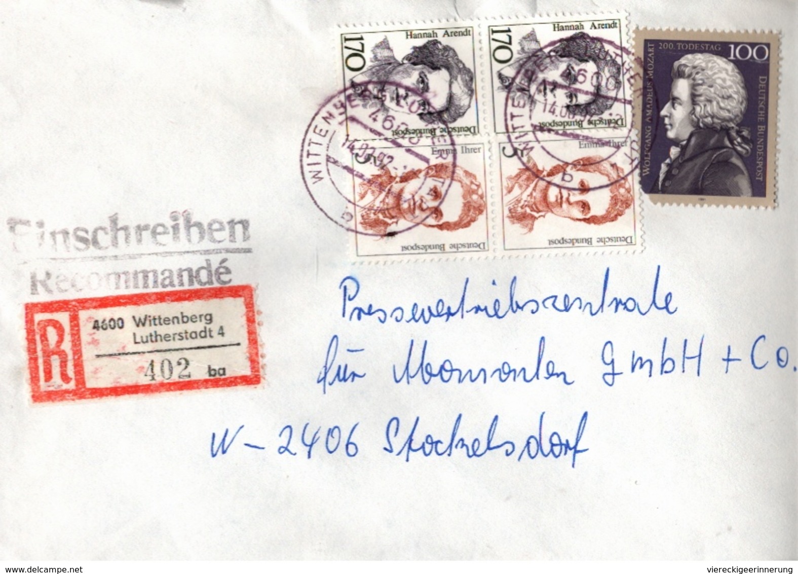 ! 2 Einschreiben 1992  Mit Alter Postleitzahl + DDR R-Zettel  Aus 4600 Lutherstadt Wittenberg, Dauerserie Frauen - Covers & Documents