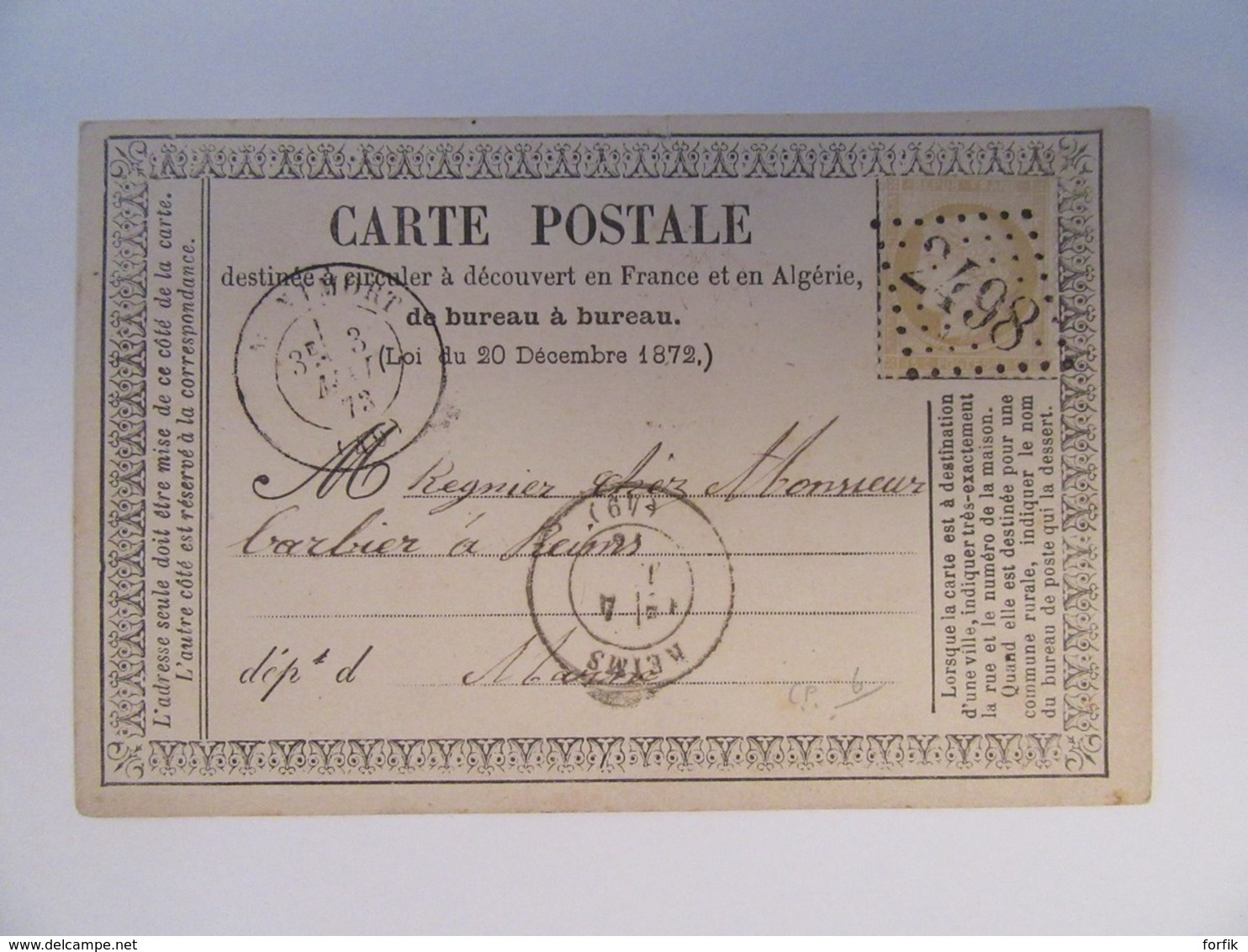 Timbre Cérès 15c YT N°59 Sur Carte Précurseur - Ob. GC 2498 (Montmort) - Vers Reims - 1873 - 1871-1875 Cérès