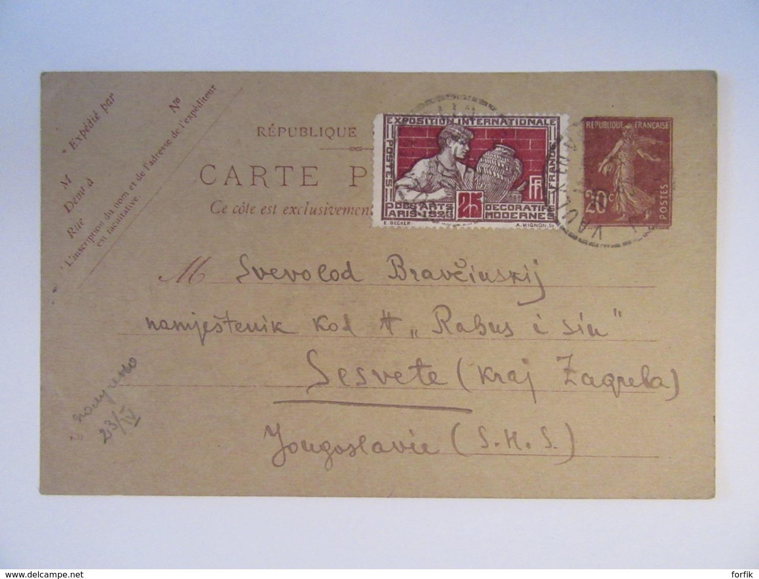 France - Entier Postal Semeuse 20c + Timbre Exposition Des Arts Décoratifs 25c YT N°212 - Vers Yougoslavie - 1925 - Letter Cards