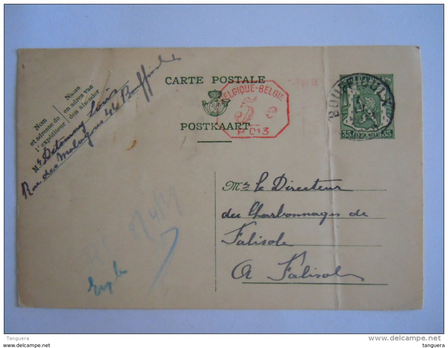 Belgique Entier Postal Staatswapen Sceau 35 + 5 Ct P013 1939 Bouffioulx -&gt; Falisolle - Briefkaarten 1934-1951