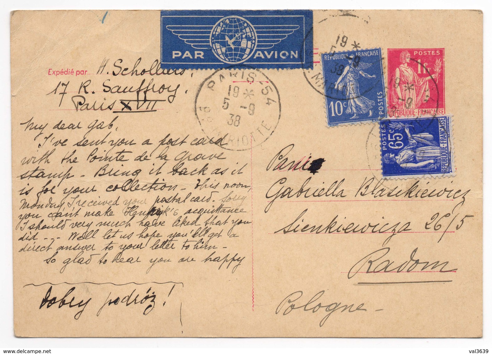 Entier Postal 363-CP1 Type Paix 1fr Rose 1938 Par Avion France-Pologne + 2 Autres Timbres Paix 65c Et Semeuse 10c - Cartes Postales Types Et TSC (avant 1995)