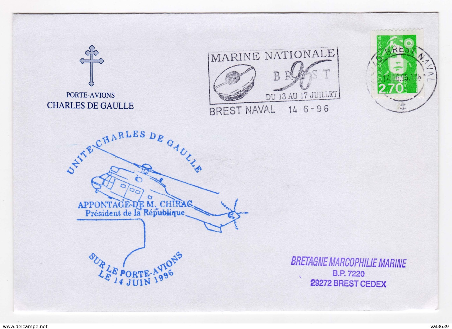 Pli Illustré Du PAN Charles De Gaulle Appontage Du Président Chirac, Flamme Brest Naval Du 14/06/1996, Roulette YT 3008 - Poste Navale