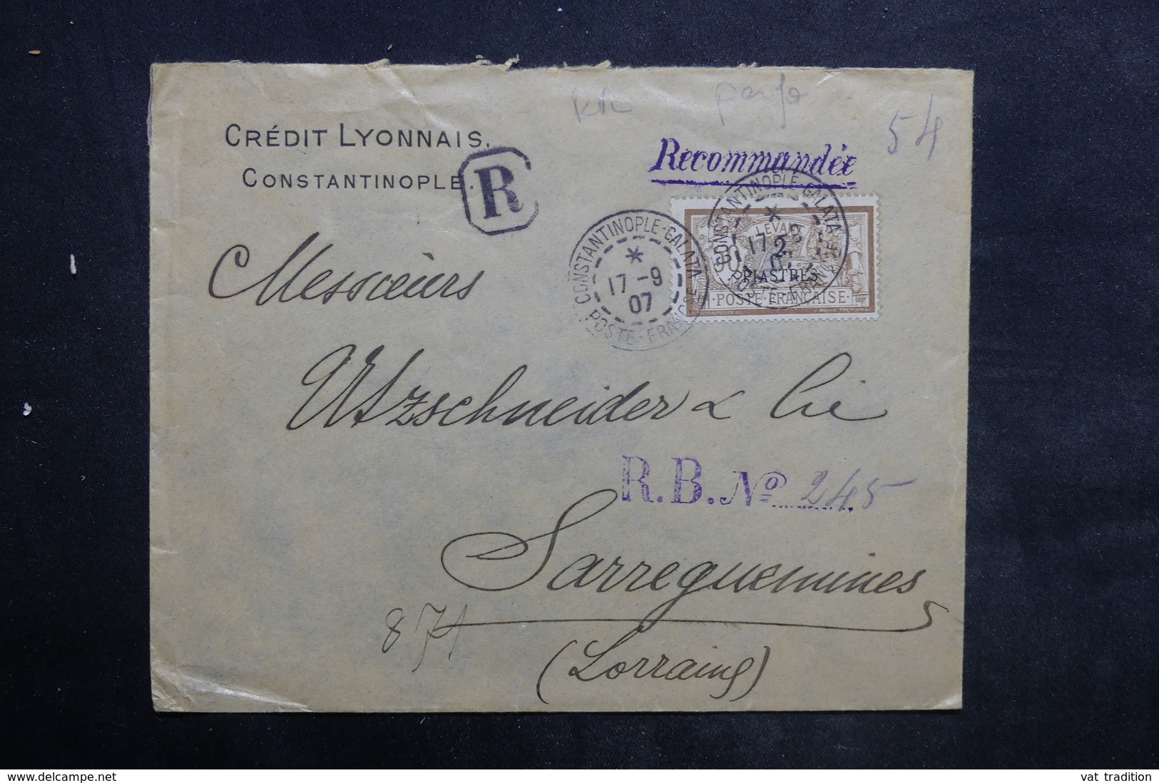 LEVANT FRANÇAIS - Type Merson Perforé Sur Enveloppe Commerciale En Recommandé De Constantinople En 1907 - L 36659 - Cartas & Documentos