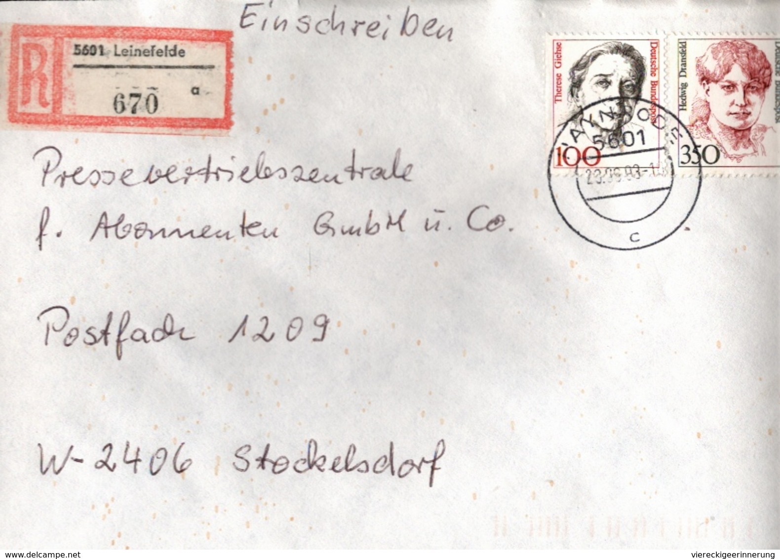 ! 1 Einschreiben 1993  Mit Alter Postleitzahl + DDR R-Zettel  Aus 5601 Leinefelde, Thüringen,  Dauerserie Frauen - Briefe U. Dokumente