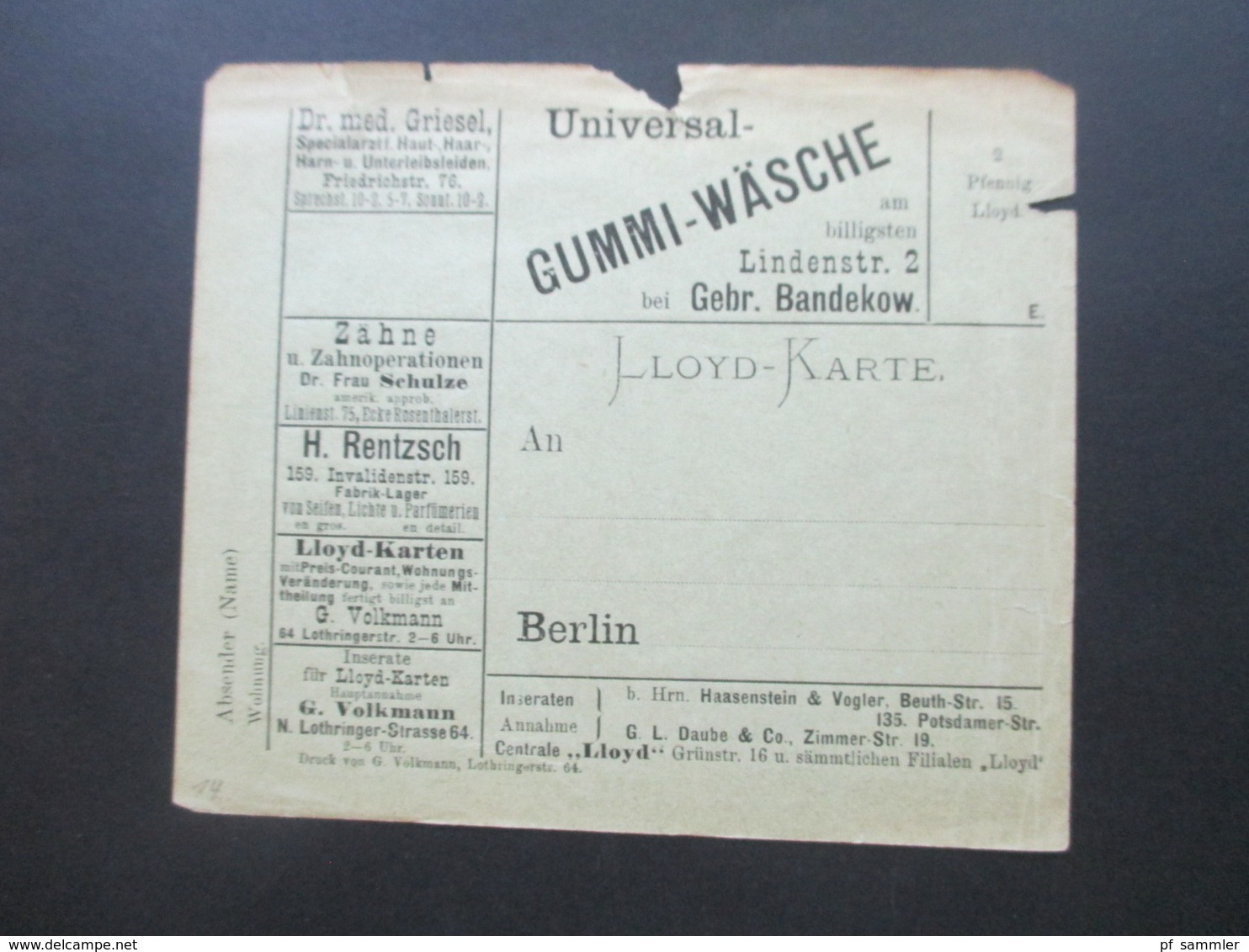 DR Privatpost Berlin Lloyd Karte Schiffspost Universal Gummi Wäsche Centrale Lloyd Zahnoperationen Usw. - Correos Privados & Locales