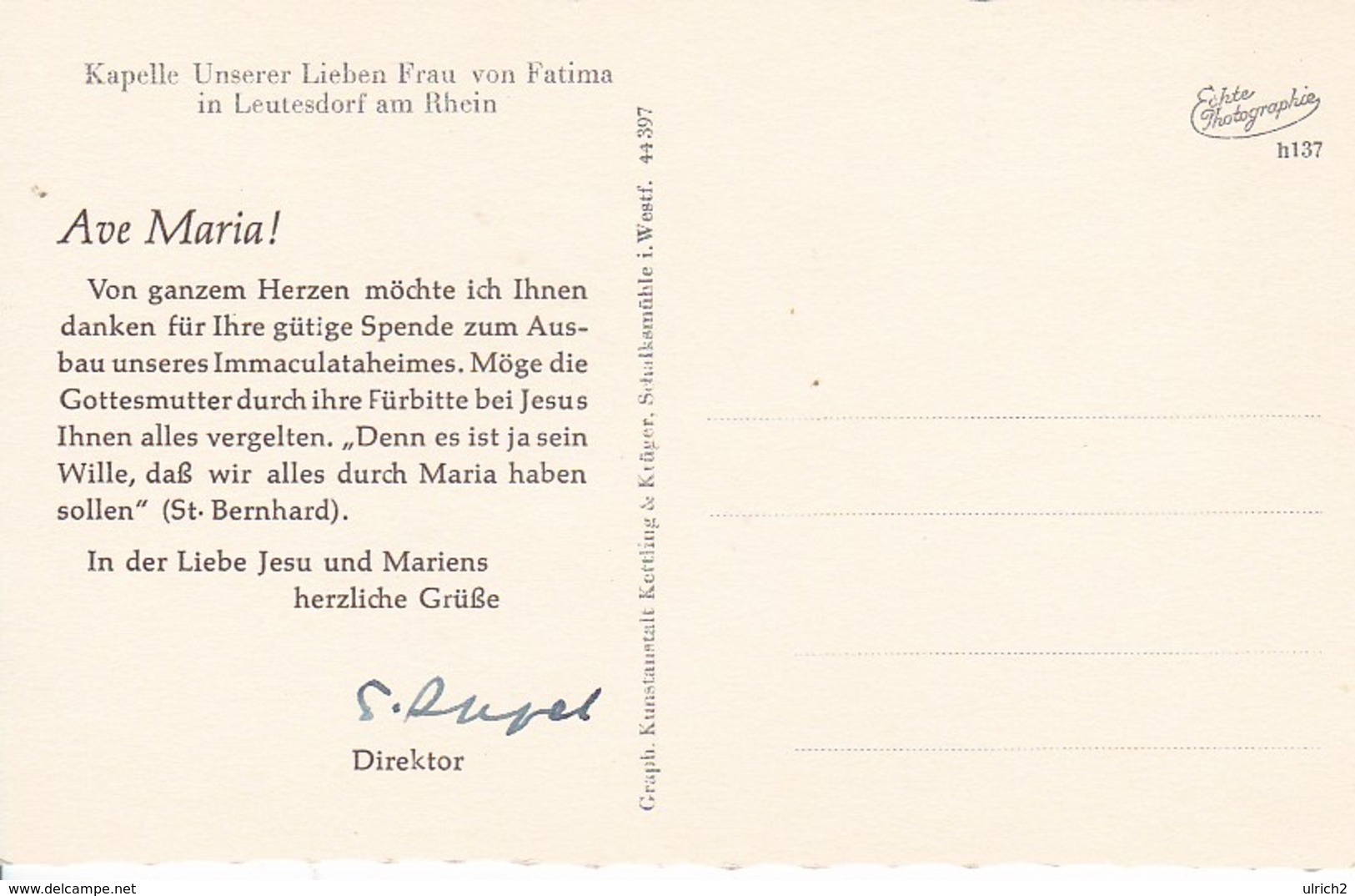 AK Leutesdorf Am Rhein - Kapelle Unserer Lieben Frau Von Fatima - Spendenbestätigung Mit Unterschrift (42652) - Neuwied
