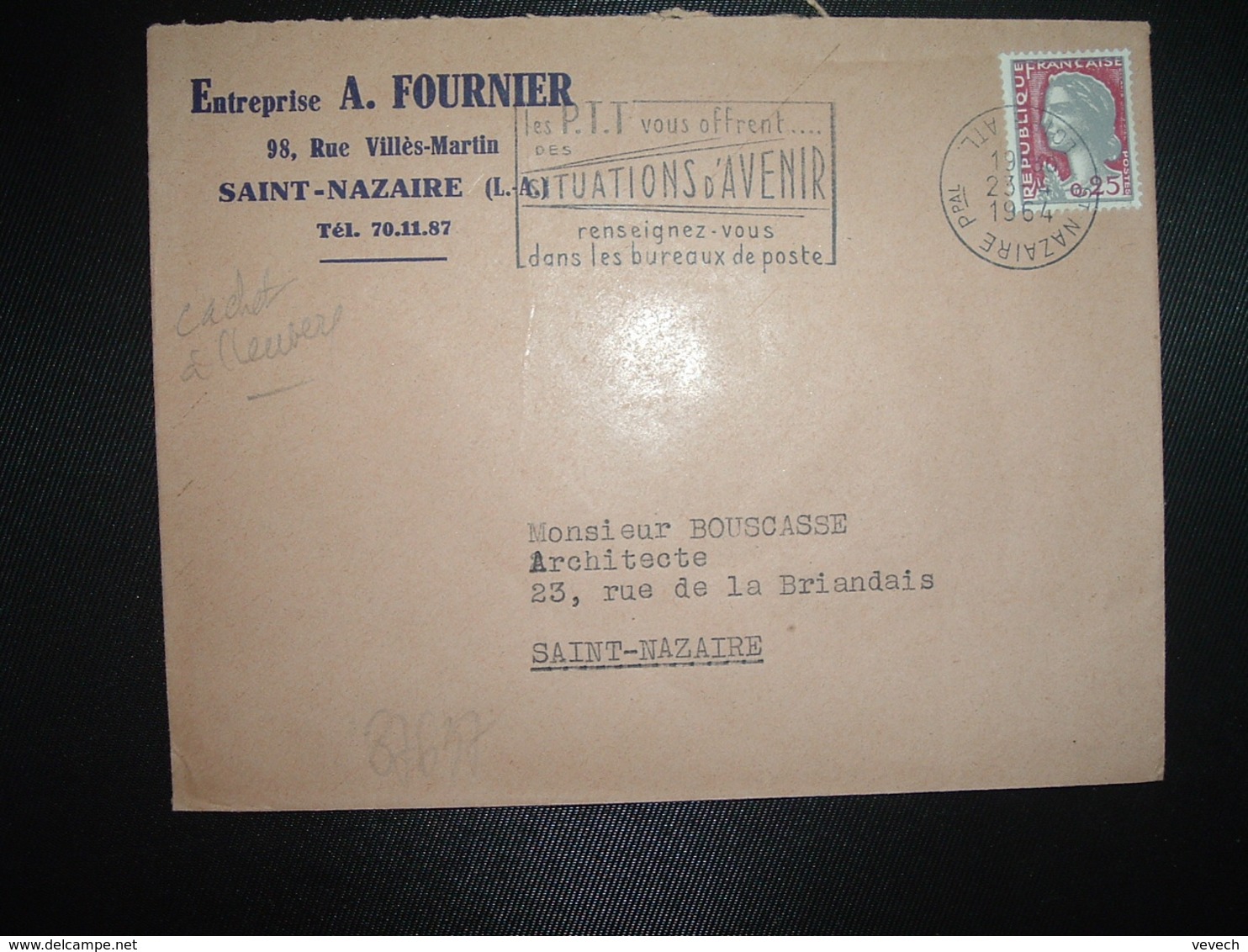 LETTRE TP M. DE DECARIS 0,25 OBL.MEC. VARIETE 23-4 1964 ST NAZAIRE PPAL (44) Entreprise A. FOURNIER - Otros & Sin Clasificación