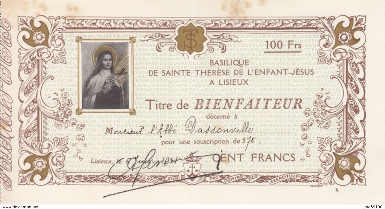 RELIGION - TITRE DE BIENFAITEUR SAINTE THERESE DE LISIEUX - 100 Francs - Autres & Non Classés