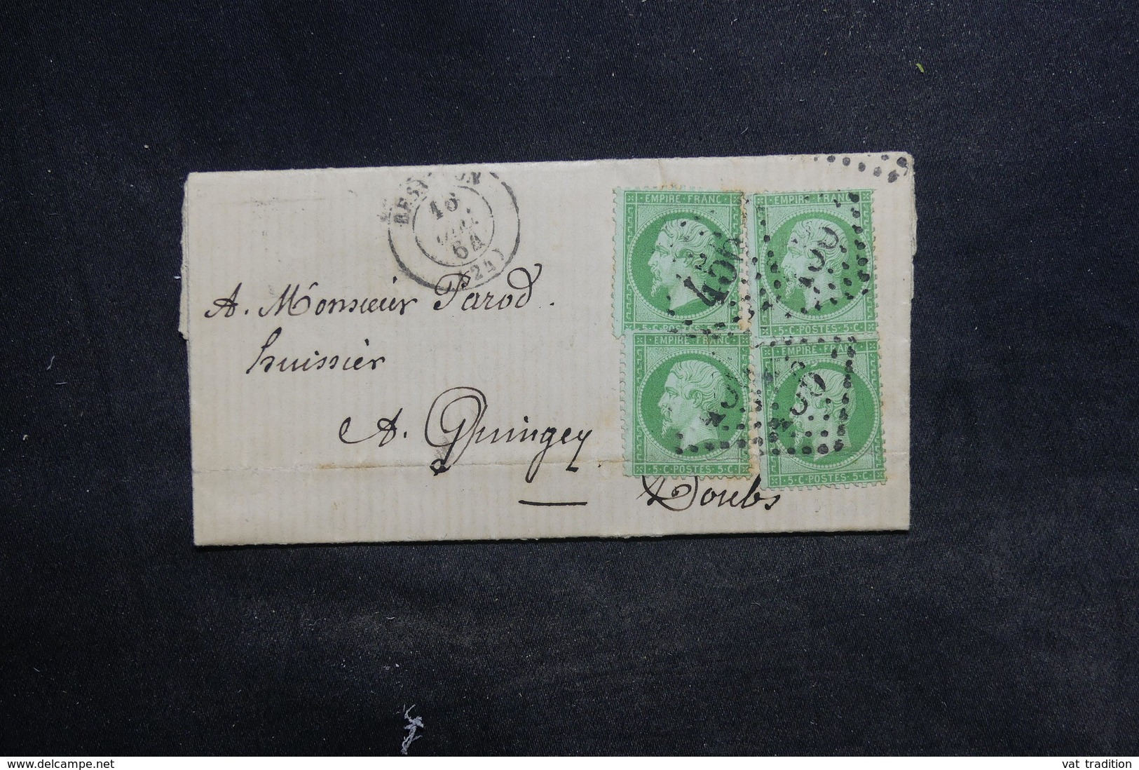 FRANCE - Lettre De Besançon Pour Quingey En 1864 , Affranchissement Napoléon 5cts X4 - L 36689 - 1849-1876: Classic Period