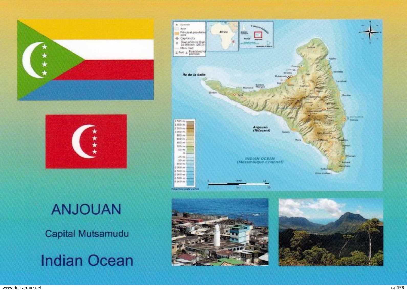 1 AK Komoren * Flagge, Wappen, Landkarte Der Insel Anjouan Und 2 Aufnahmen Der Komoren * - Komoren