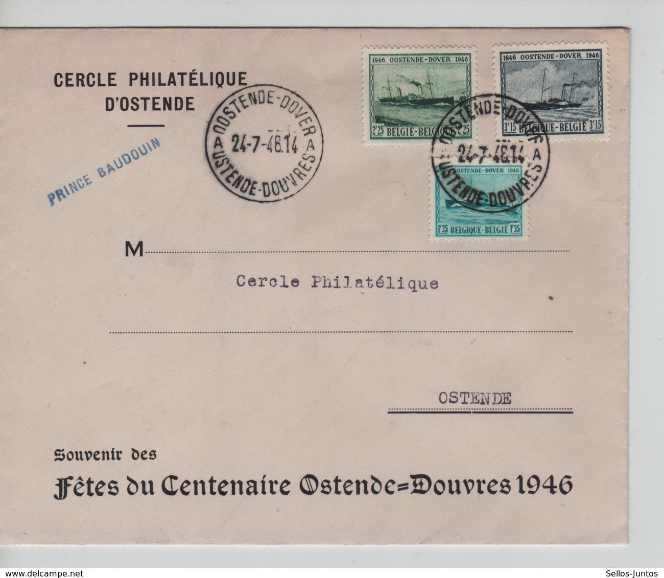 SJ128/ TP 725/727 Centenaire Ostende Douvres S/L.c.Oostende-Dover 24/7/46 Griffe Prince Baudouin > Ostende - Covers & Documents