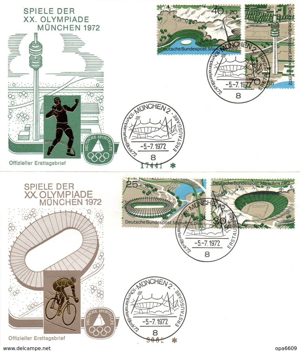 BRD 2 Schmuck-FDC  "Olympische Sommerspiele 1972, München", Mi. 723/26 ESSt 5.6.1972 MÜNCHEN 2 - Sommer 1972: München