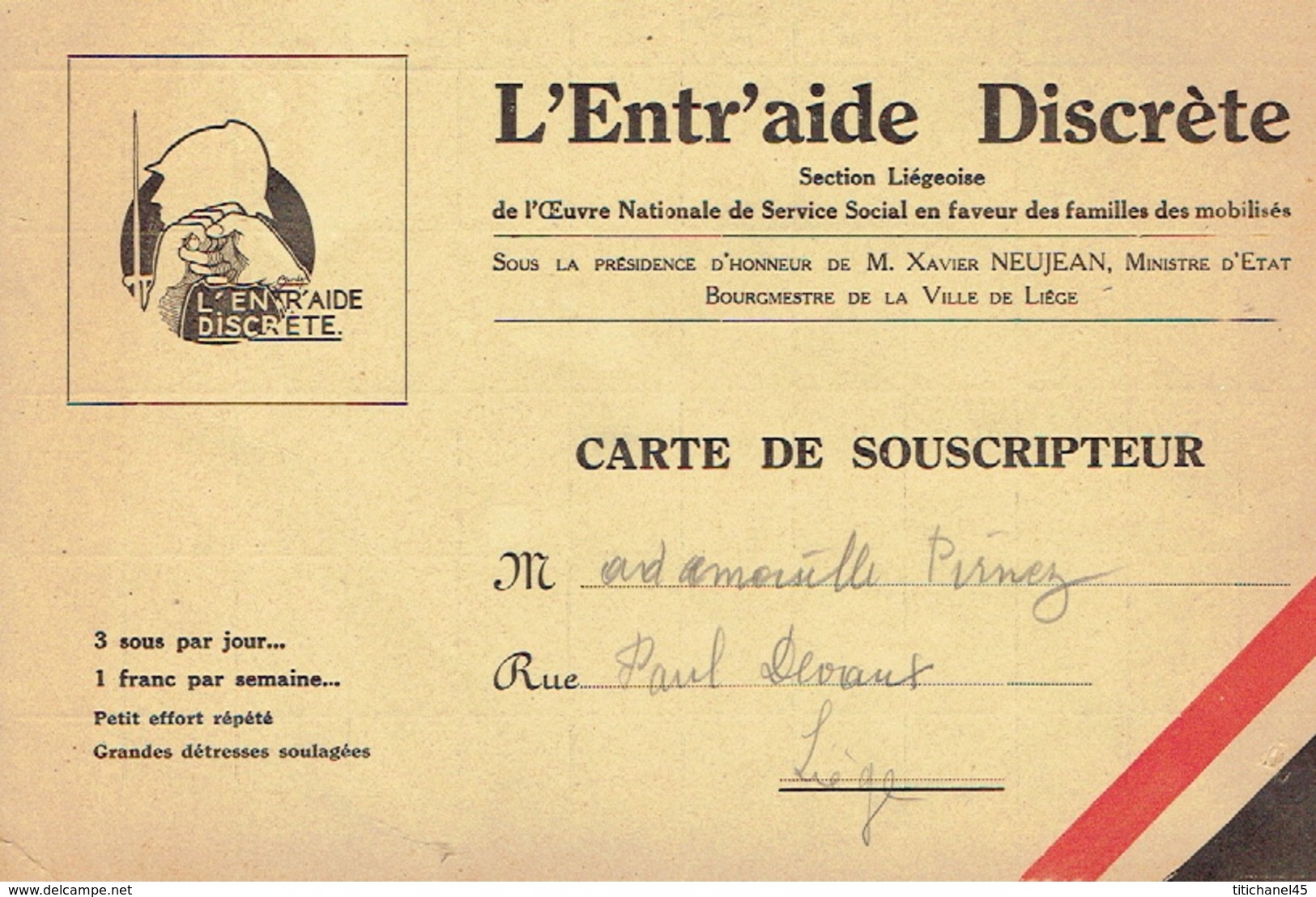 1940 Carte De Soucripteur L'ENTR'AIDE DISCRETE -Section Liégeoise Oeuvre Nationale En Faveur Des Familles Des Mobilisés - 1939-45