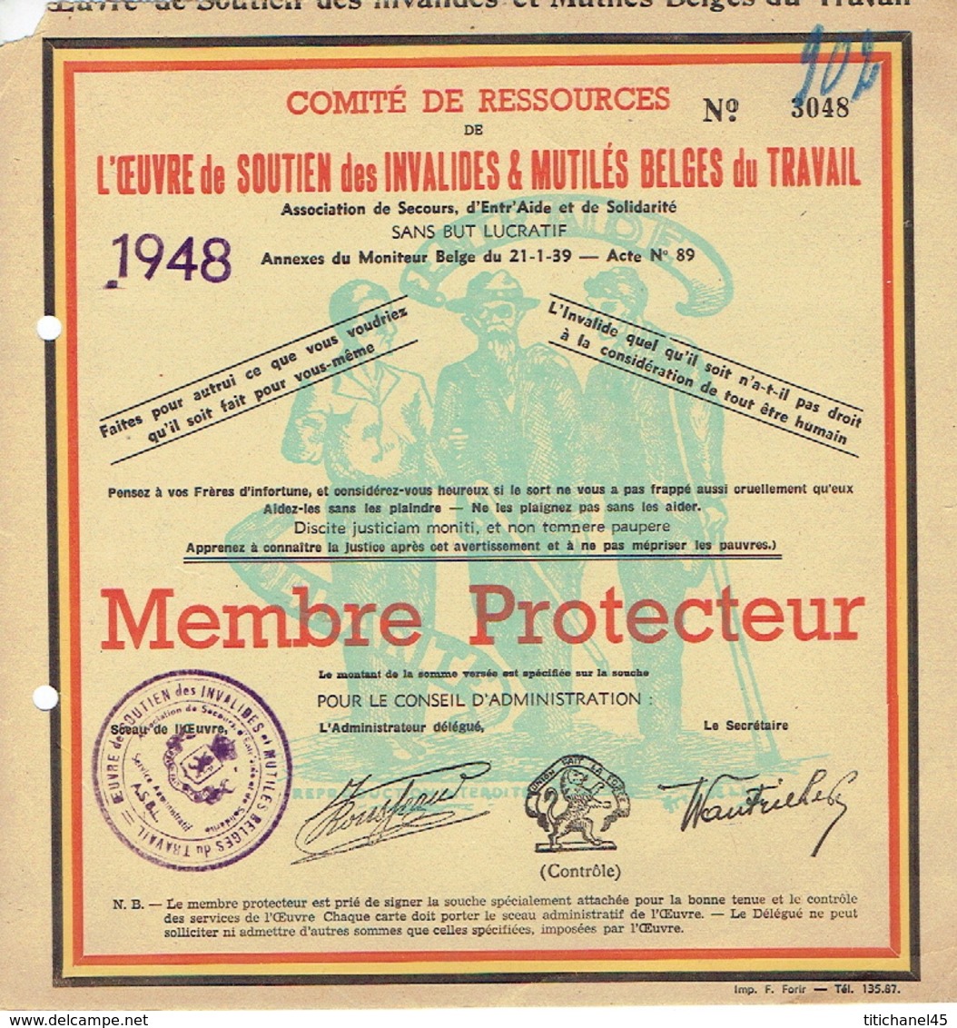 1948 Carte De Membre Protecteur OEUVRE DE SOUTIEN DES INVALIDES & MUTILES BELGES DU TRAVAIL - Membership Cards