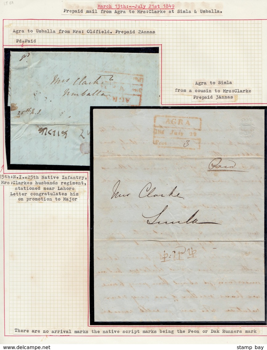 India 1849 "AGRA Paid" HG 6 On Two Folded Letters, Both Addressed To Mrs Clarke, One To Umballa And Another To Simla. Tr - ...-1852 Préphilatélie