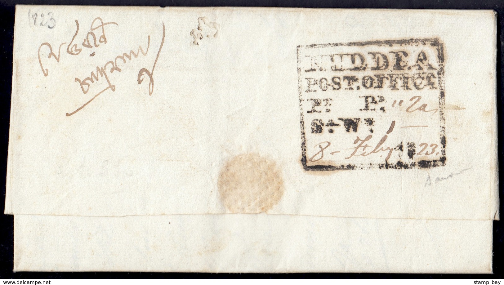 India 1823 Entire To Chandernagore With "NUDDEA/POST OFFICE/PtPdt/Sa Wt./18(23)" HG #1 Earliest Recorded Date (Giles Rec - ...-1852 Prephilately