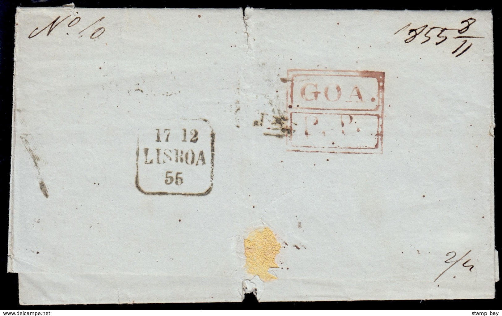 India Used In Portuguese India - "GOA" Fine Bisected Framed Cachet In Red On 9 Oct 1855 Stampless Entire To Portugal Wit - ...-1852 Préphilatélie