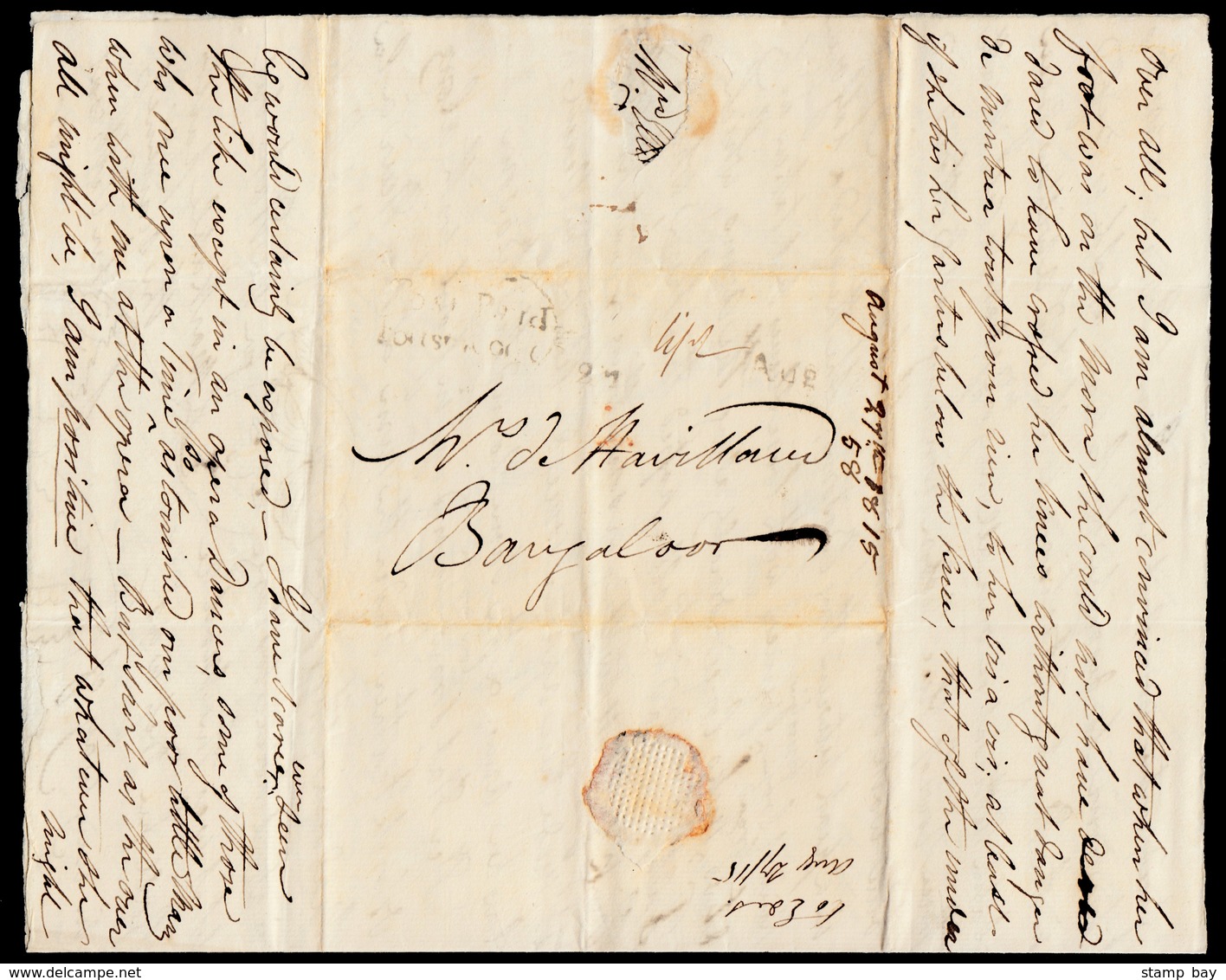 India 1815 Aug 27 "Post Paid / Fort St. George" HG 4 On Folded Letter To Thomas Fiott De Havilland's Wife In Bangalore,  - ...-1852 Préphilatélie