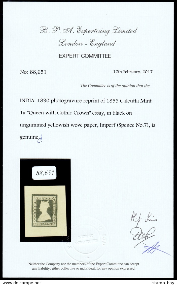 India 1890 1a Queen With Gothic Crown Essay, Photogravure Reprint Of 1853 Calcutta Mint, In Black On Ungummed Yellowish  - ...-1852 Préphilatélie