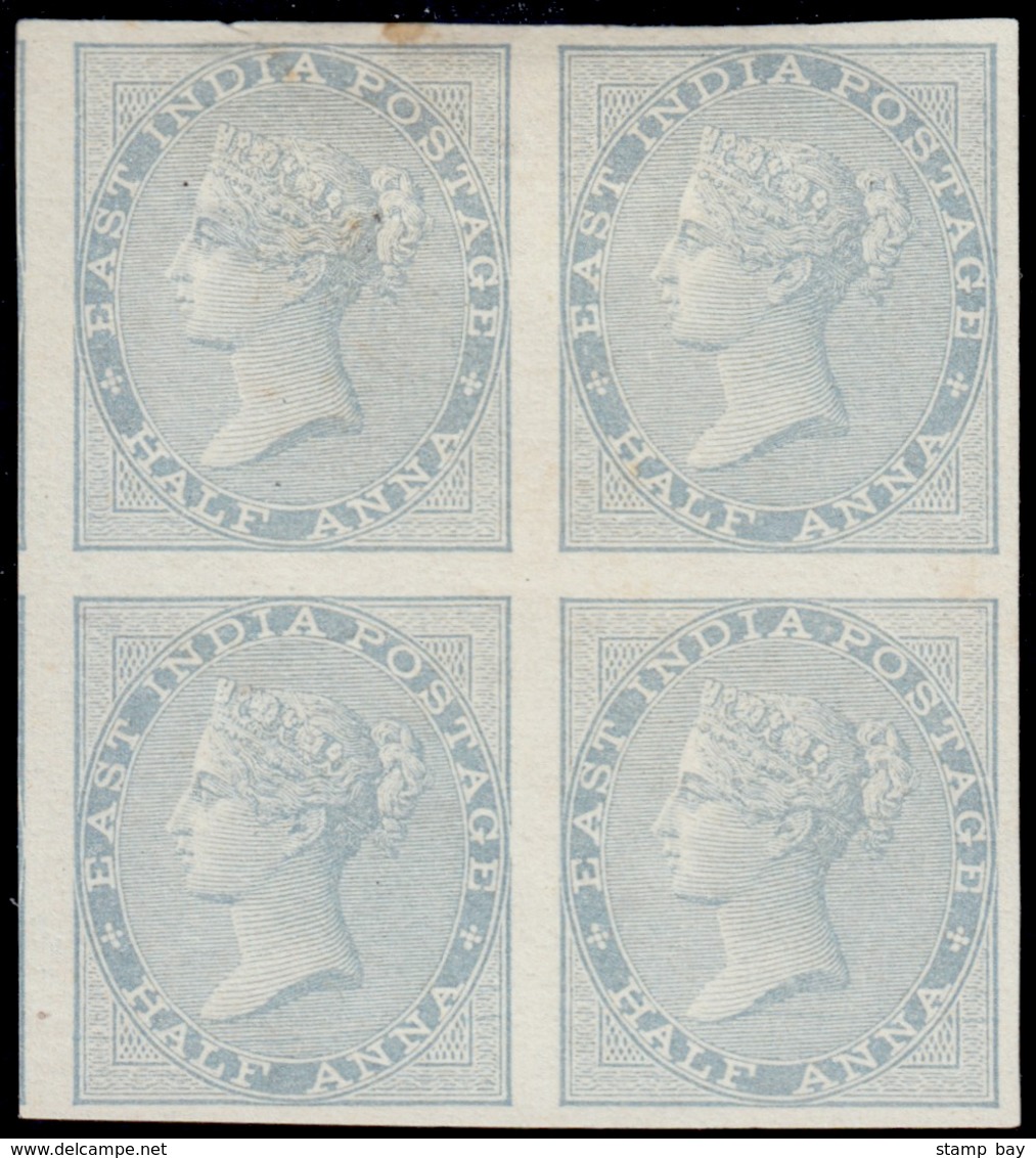 India 1856/64 Imperf Proof Of QV ½a Blue Die I, On Yellowish Paper Without Watermark, Blk/4, Small Thin On Top Left Stam - ...-1852 Préphilatélie