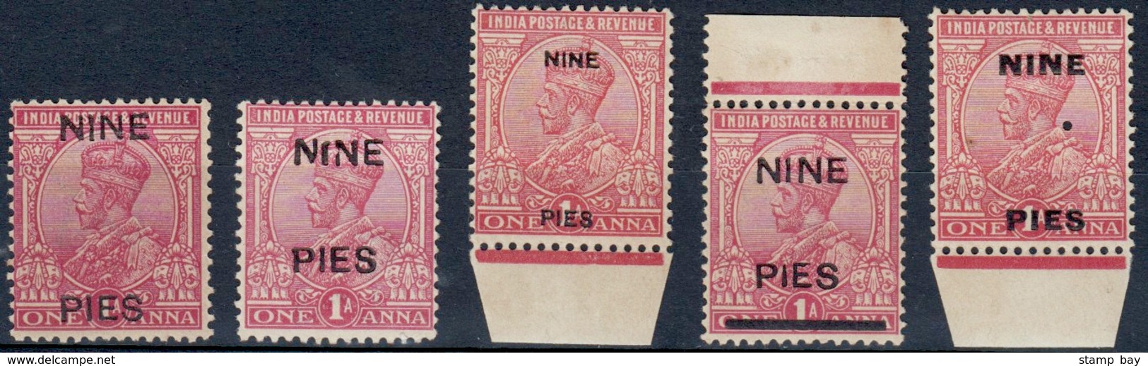 India 1921 GV Nine Pies Surcharge Essays On 1a. Carmine - Complete Set Of Five Examples Showing Differing Styles Of Essa - ...-1852 Prephilately