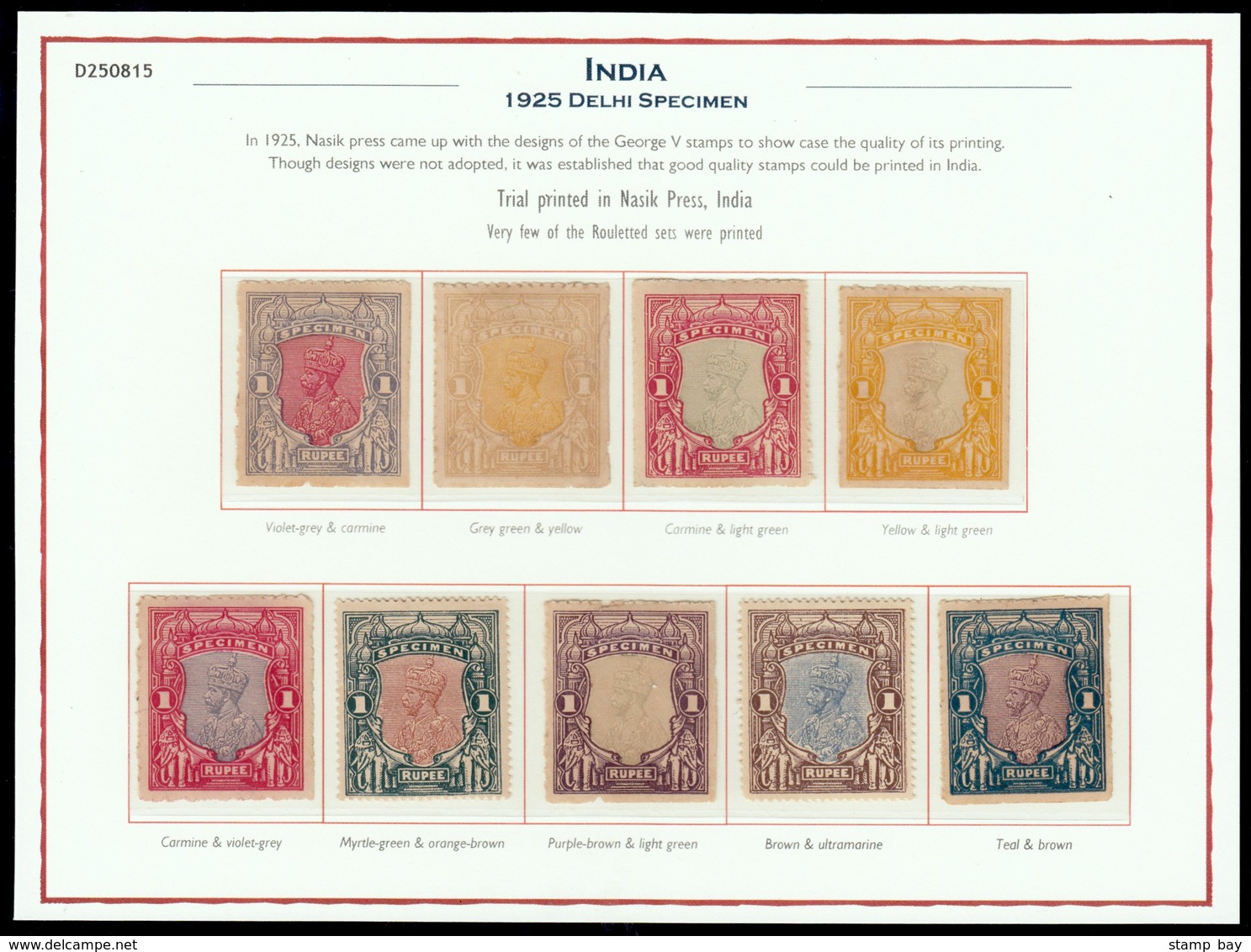India 1925 GV Delhi Specimen Set Of 9 X 1r Value Rouletted. These Stamps Were Printed In Delhi For Circulatiion Amongst  - ...-1852 Préphilatélie