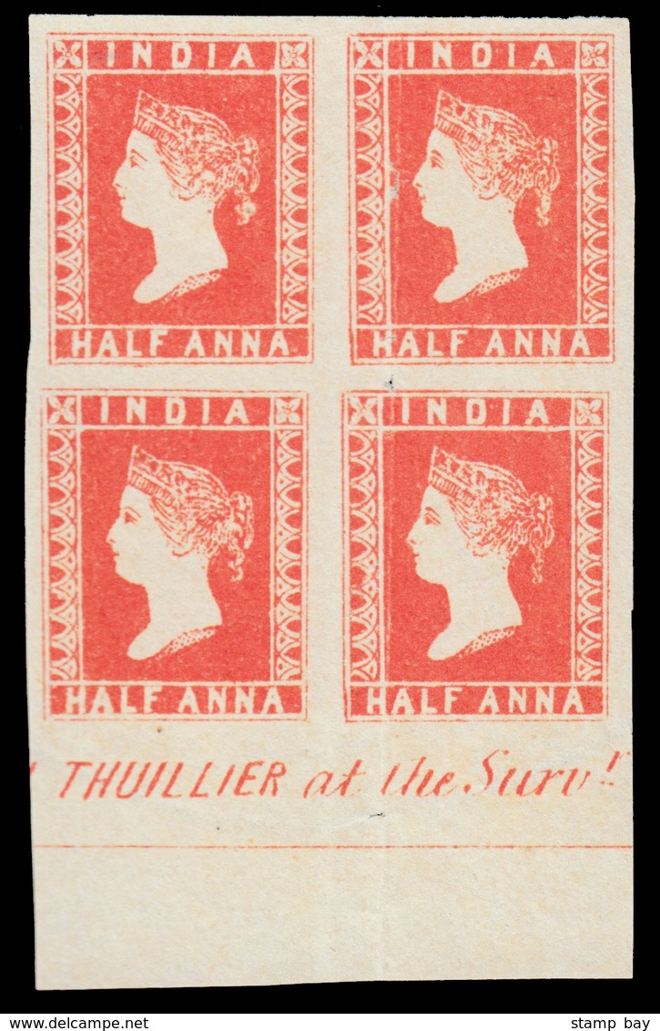 India 1854 ½a Vermillion 9½ Arches Marginal Blk/4 With Inscription At Bottom - Prepared For Use But Not Officially Issue - ...-1852 Préphilatélie