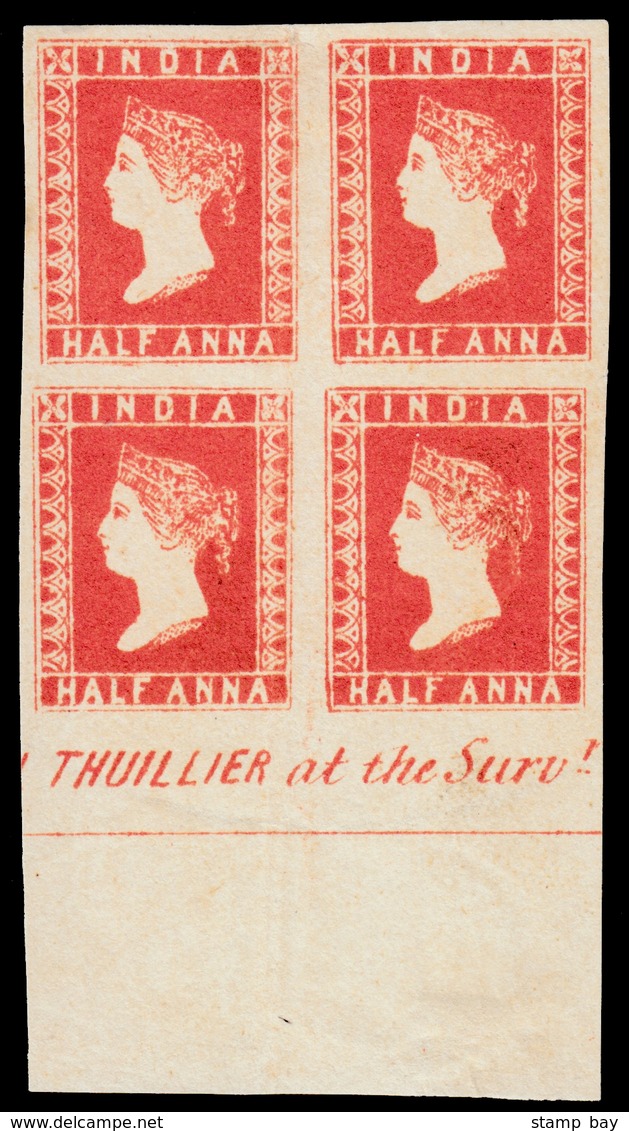 India 1854 ½a Deep Vermilion 9½ Arches, Wmk Part Coat-of-Arms SG 1a, Pos. 105-106, 115-116, Without Gum As Prepared, An  - ...-1852 Prephilately