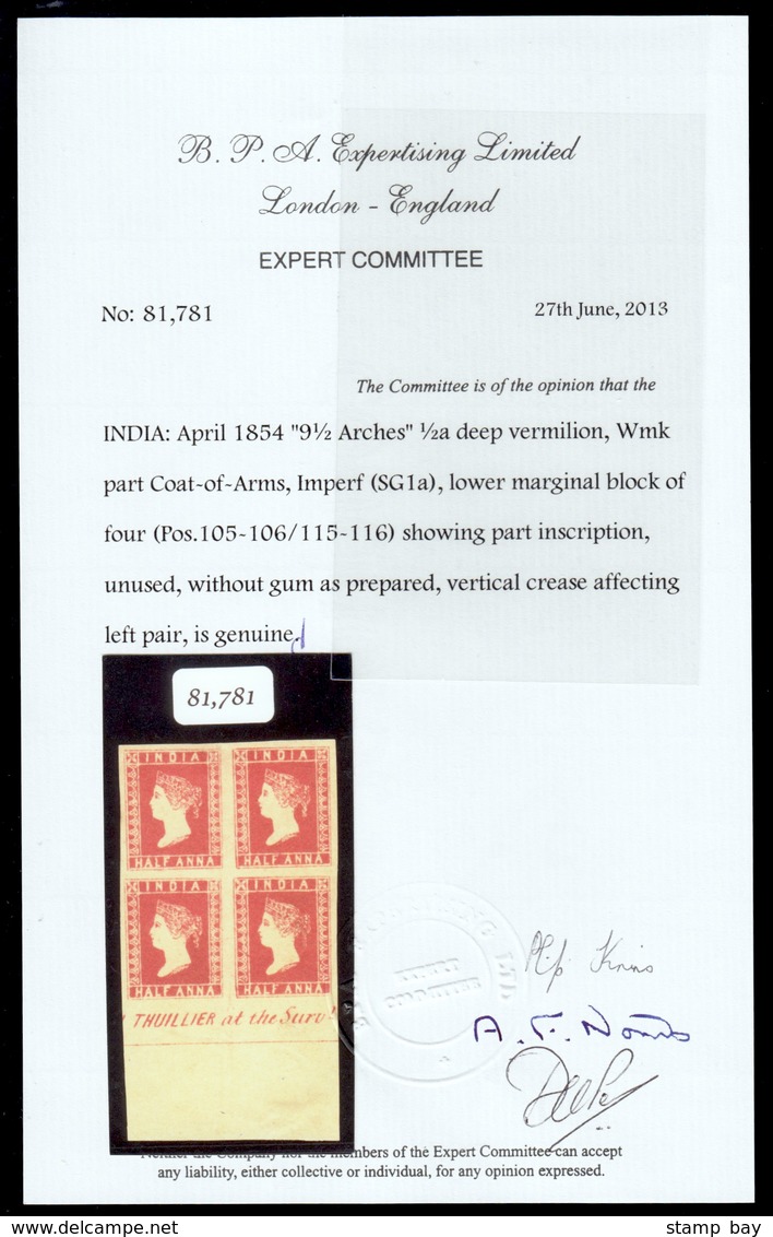 India 1854 ½a Deep Vermilion 9½ Arches, Wmk Part Coat-of-Arms SG 1a, Pos. 105-106, 115-116, Without Gum As Prepared, An  - ...-1852 Prephilately