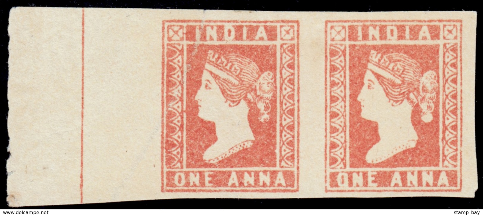 India 1854 QV 1a Dull Red, Imperf, Die II, Marginal Pair From The Left Side Of The Sheet, Unused Without Gum As Issued.  - ...-1852 Prephilately