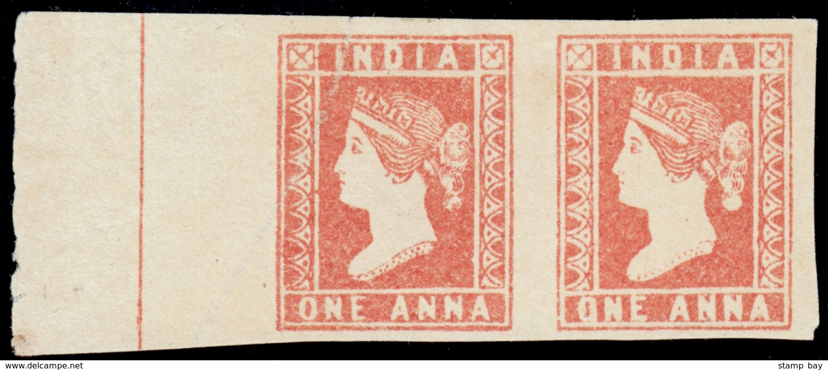 India 1854 QV 1a Dull Red, Imperf, Die II, Marginal Pair From The Left Side Of The Sheet, Unused Without Gum As Issued.  - ...-1852 Préphilatélie
