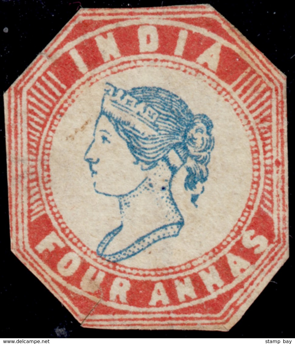 India 1854 QV 4a Blue And Red, Imperf, 4th Printing, Head III, Frame II, Unused Cut-to-shape, Scissor Cut At 7 O' Clock  - ...-1852 Préphilatélie