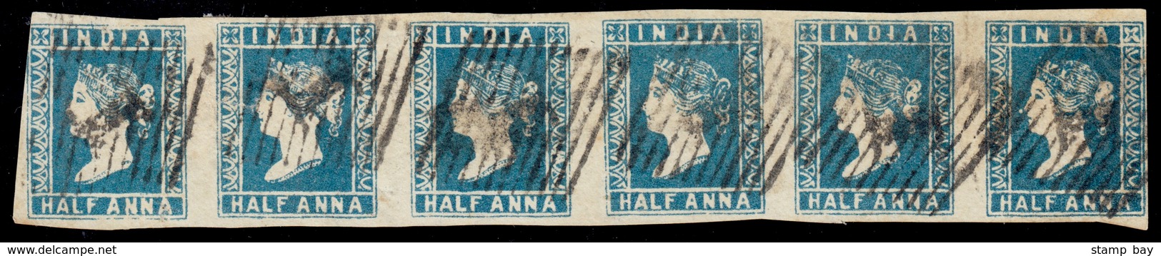 India 1854 QV ½a Deep Blue, Imperf, Die I Strip/6 Pos.51/56, 4th Stamp Being From Group 6, With "I" Type 4 Cancels. SG 4 - ...-1852 Prephilately