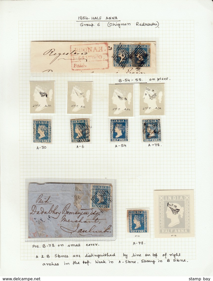 India 1854 study of half anna - 96 stamps including 7 pairs, 2 on large piece, 11 covers and/or fronts. Scarce printings