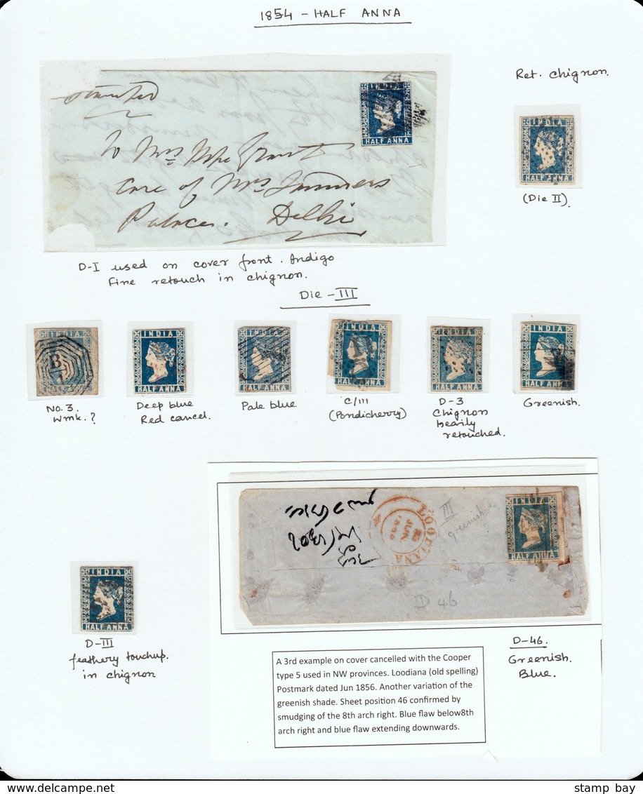 India 1854 study of half anna - 96 stamps including 7 pairs, 2 on large piece, 11 covers and/or fronts. Scarce printings