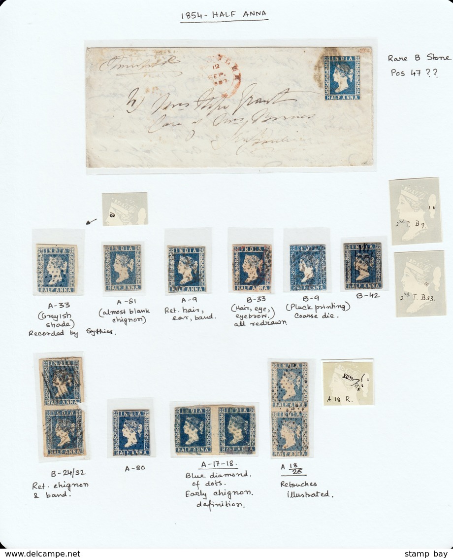 India 1854 study of half anna - 96 stamps including 7 pairs, 2 on large piece, 11 covers and/or fronts. Scarce printings