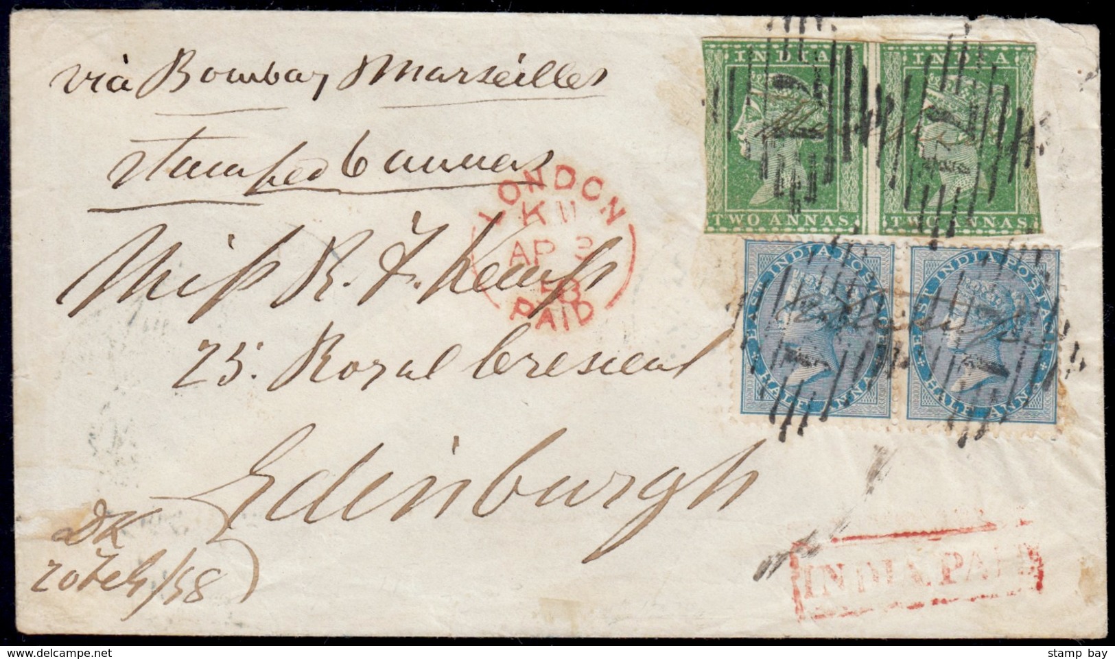 India 1858 Single Weight Letter F.w. 1854 2a Green Imperf Pair With Scarce Framelines And QV ½a Blue Pair, Each Tied By  - ...-1852 Prephilately