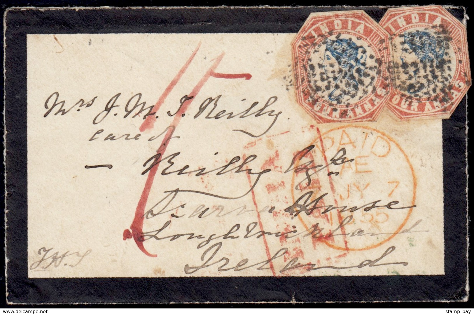 India Used In Burma - 1855 Single Weight Mourning Cover Fw 2x 4a 2nd Printing From Rangoon With "RANGOON POST OFFICE" Do - ...-1852 Préphilatélie