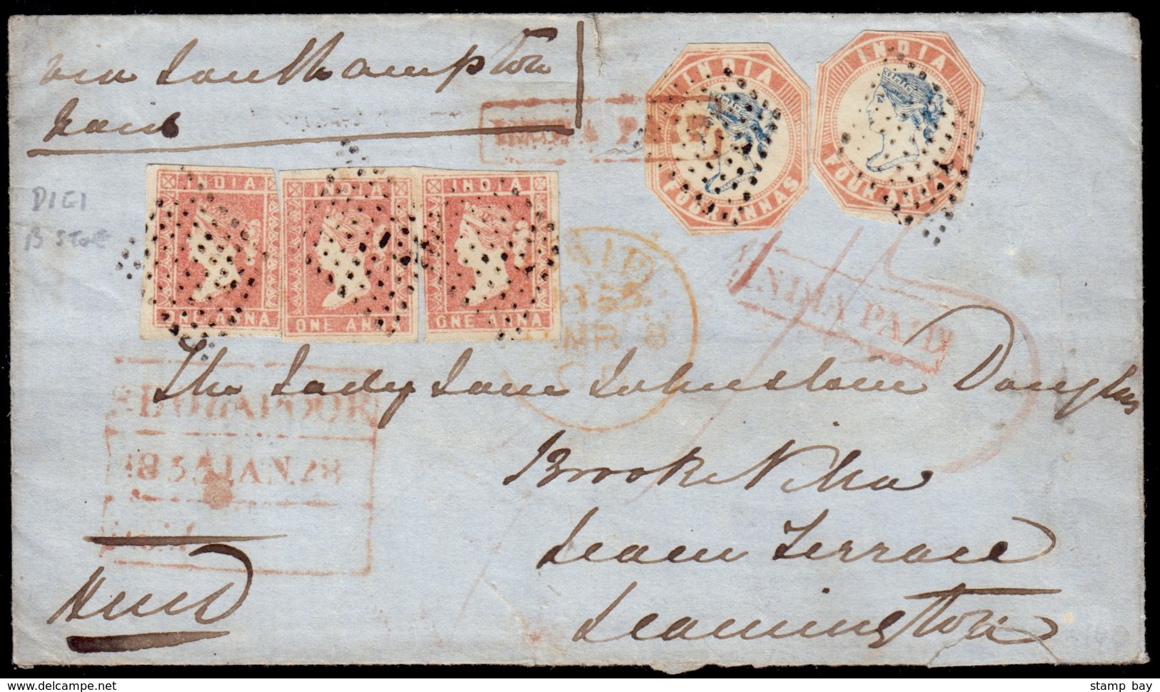 India 1855 Jan 28 Single Weight Letter Fw 1854 4a Late 1st Printing X2 + 1a Die I X3 From Sholapoor 28 Jan Via London 8  - ...-1852 Prephilately