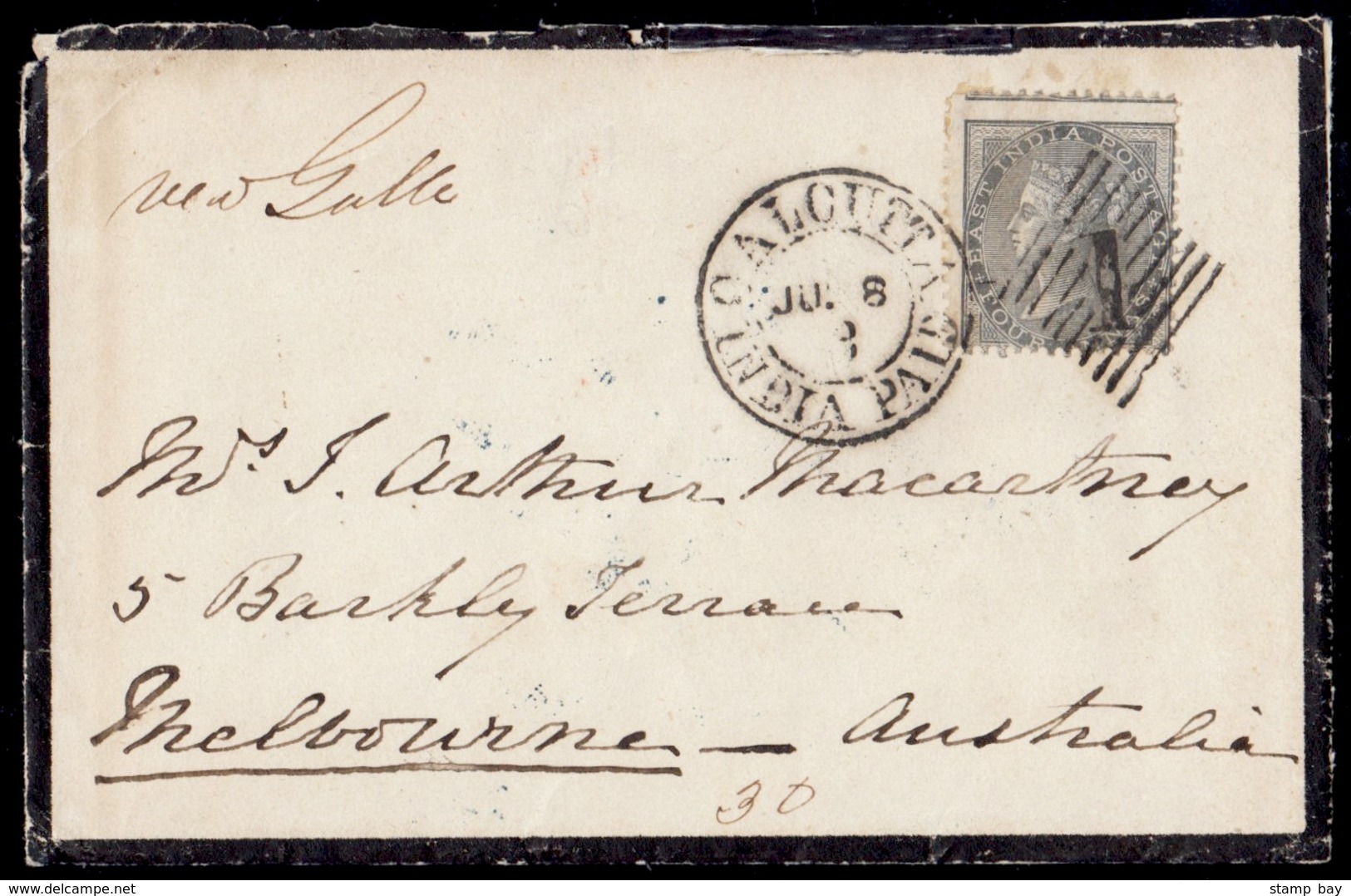 India 1867 4a Tied By "CALCUTTA INDIA PAID"/"1" Duplex Cooper Type 8 On Single Rate Mourning Cover From Calcutta To Melb - ...-1852 Prephilately