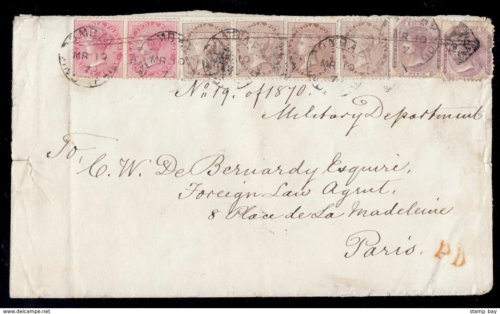 India Rare 1870 4x Weight Letter From Bombay Mar 10 To Paris France 2 Apr. 21a4p Paid The Quadruple Weight Postage For L - ...-1852 Prephilately
