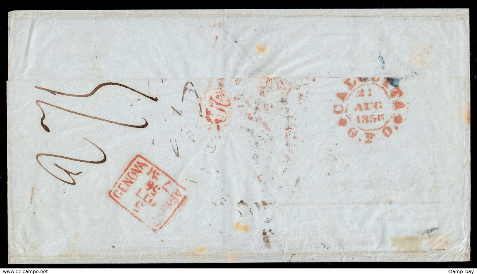 India 1856 Single Rate Partially Paid Letter From Calcutta 21 Aug Via Alexandria And Trieste To Genova Italy 5 Oct. 8a P - ...-1852 Prephilately