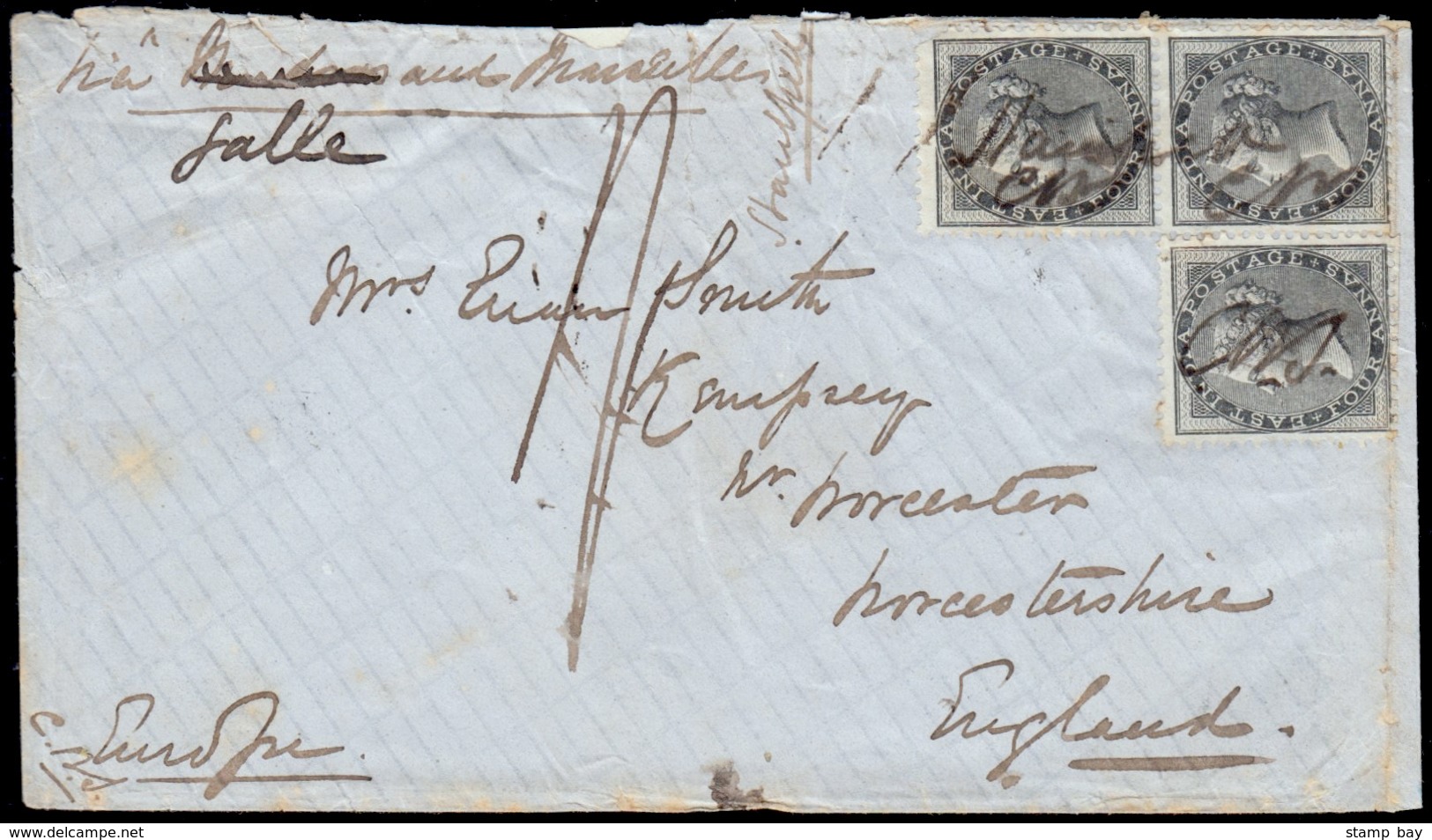 Ceylon 1862 Envelope "via Madras" - Obliterated And Replaced With "Galle" - And "Marseilles" To Worcester, Franked - Con - ...-1852 Prephilately